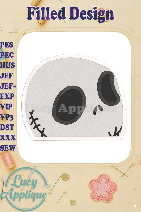 Embroidery design of Jack Skellington's face, a simplified, filled design in grayscale. Perfect for Halloween projects, this design is easy to stitch and adds a spooky-cute touch.