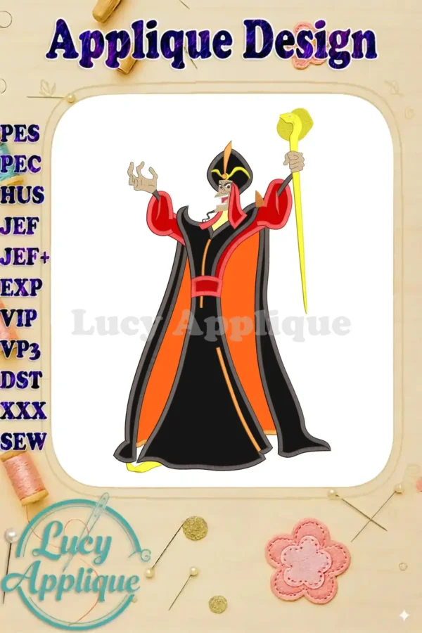 A vibrant Jafar applique embroidery design from Disney's Aladdin, ready to be stitched. The design is shown in various file formats for different machines.