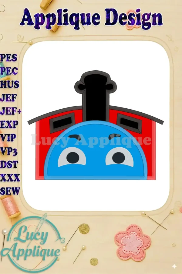 James the Train applique embroidery design. A charming cartoon train face, ready to be stitched. Includes various file formats for different machines. Perfect for kids' projects!