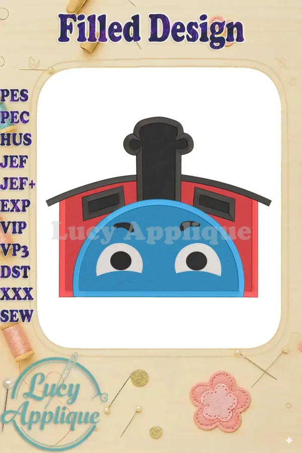 James the Train applique embroidery design, showcasing a filled design style. The train's face is expressive, with simple features and a red cab contrasted against a light blue body.