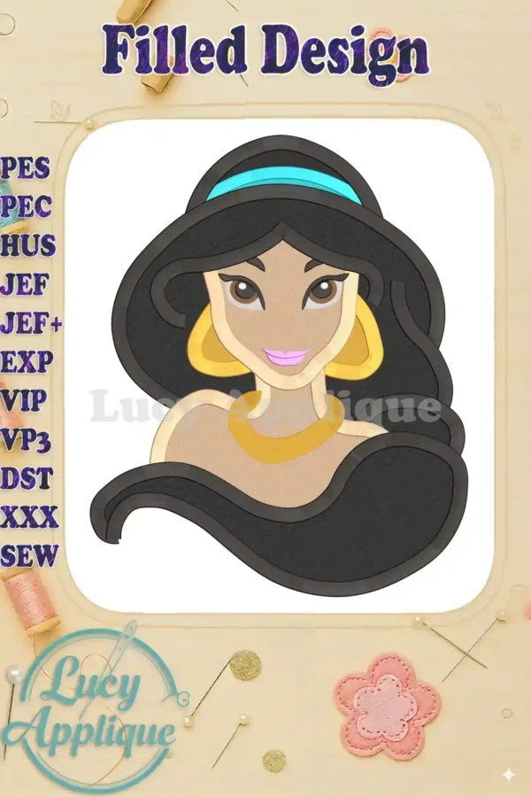 A charming filled embroidery design of Princess Jasmine from Disney's Aladdin. The design showcases Jasmine's face and upper body, with intricate details in her hair, attire, and jewelry.
