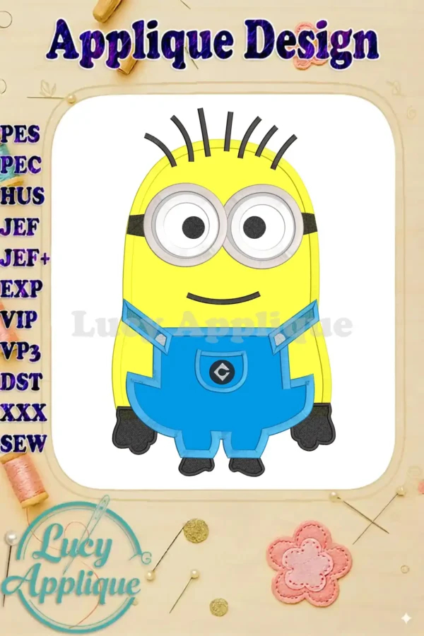 Applique embroidery design of Jerry, a Minion from Despicable Me, in yellow and blue overalls. The design includes various file formats.