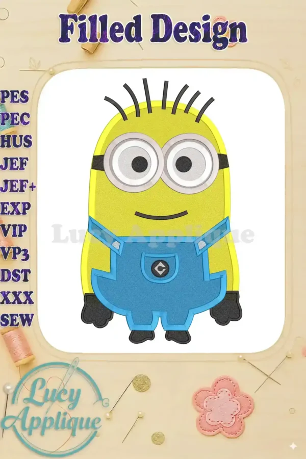Adorable Jerry the Minion from Despicable Me in a filled machine embroidery design. Perfect for adding a fun, whimsical touch to your projects.