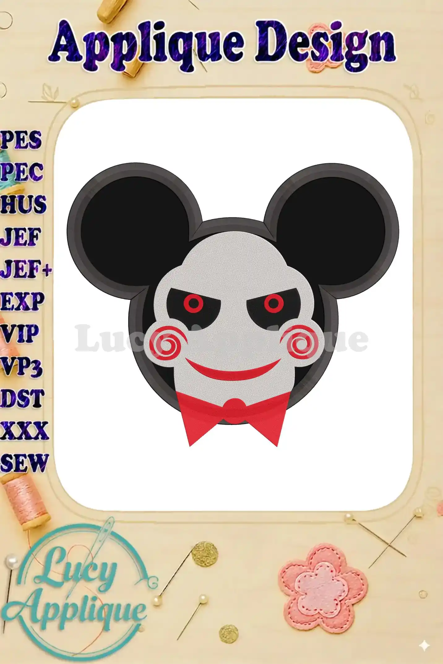 Jigsaw Mickey Mouse applique design with creepy cute Halloween vibes. Perfect for adding a spooky touch to your projects. High-quality digital embroidery pattern.