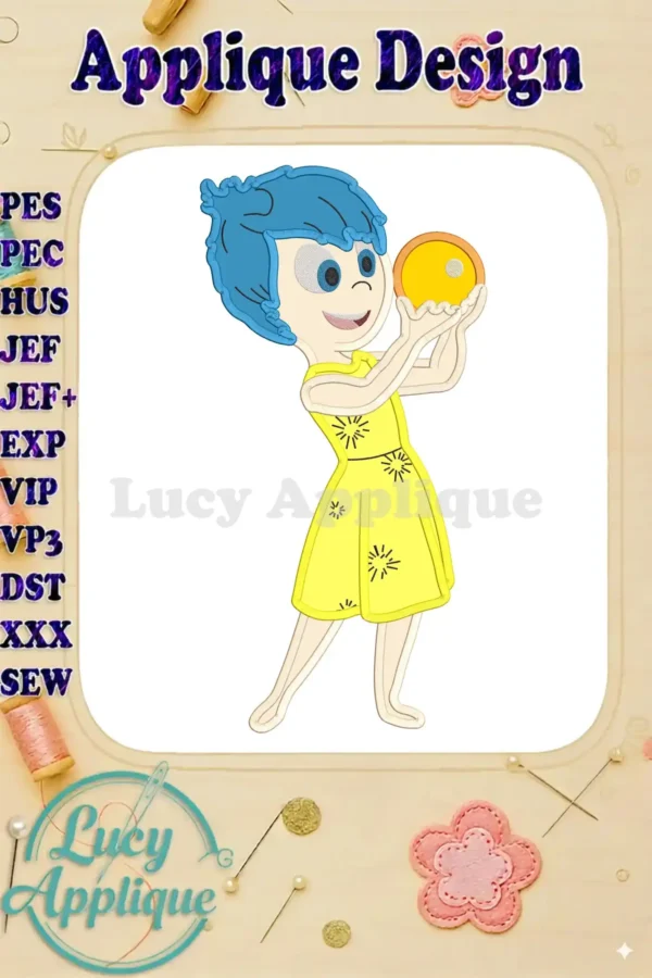 Joy Inside Out applique design, showcasing a cheerful Joy holding her signature yellow orb. The design is presented against a white background, surrounded by decorative elements.