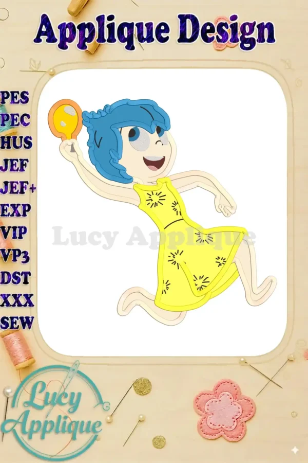 Joy Inside Out applique design showcasing a running Joy character from the Disney Pixar movie. The design includes yellow dress and orange ball details, ready to be embroidered.