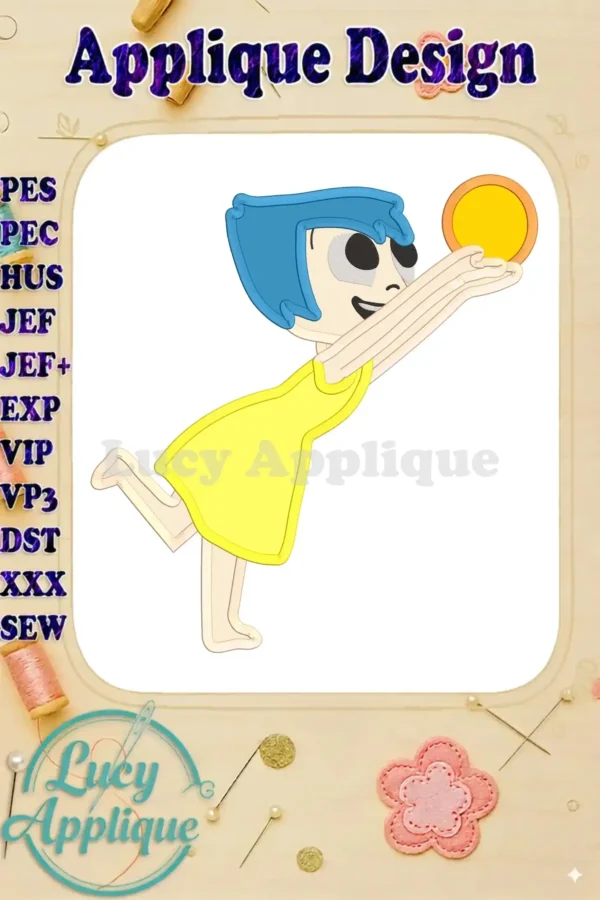 Joy, from Disney Pixar's Inside Out, is depicted in an applique design, reaching for a yellow orb. The design is shown in various embroidery formats.