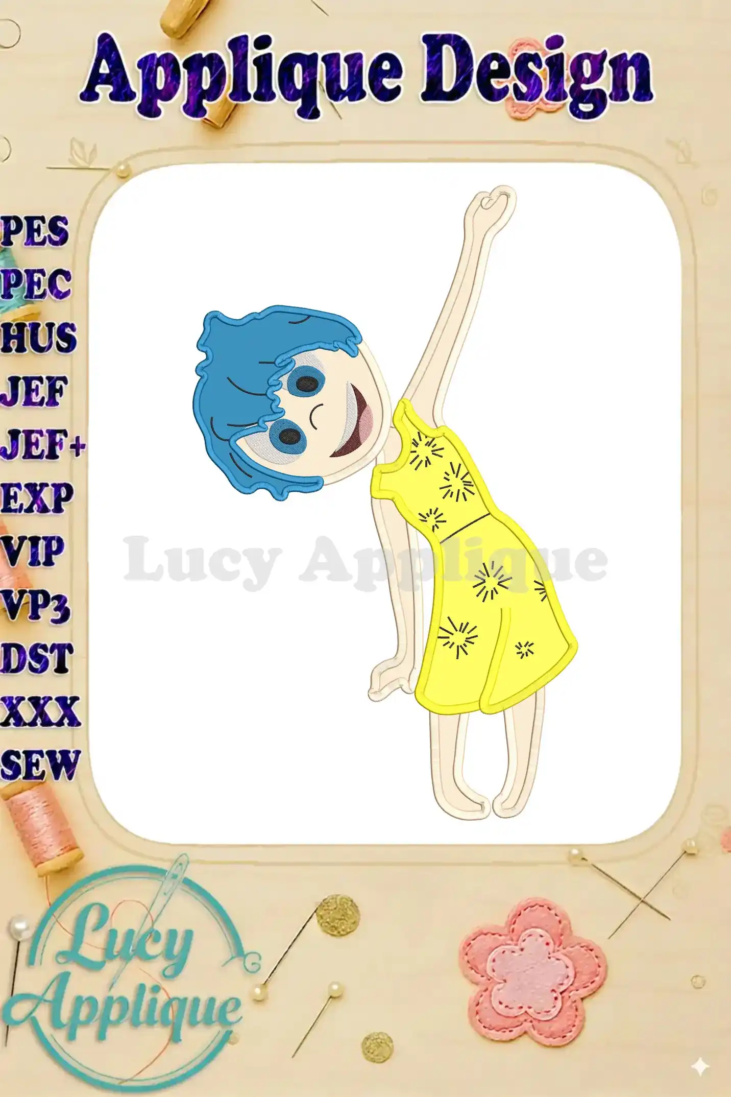 Embroidery design of Joy from Inside Out, in a yellow dress, with her arm raised. Applique design in PES, HUS, JEF, JEF