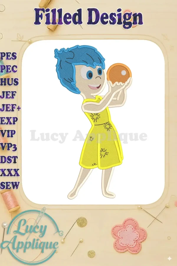 Joy Inside Out filled embroidery design showcasing the main character, Joy, from the Disney Pixar movie, holding a yellow orb. The design is in yellow and blue tones.