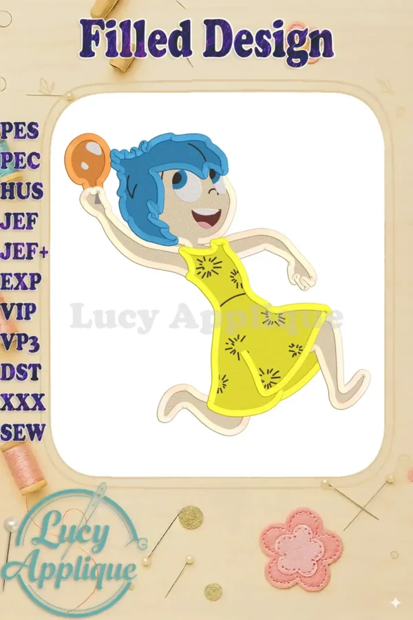 Joy Inside Out embroidery design. A cheerful, running depiction of Joy from Disney Pixar's Inside Out, holding a glowing ball. Perfect for clothing, bags or home decor.