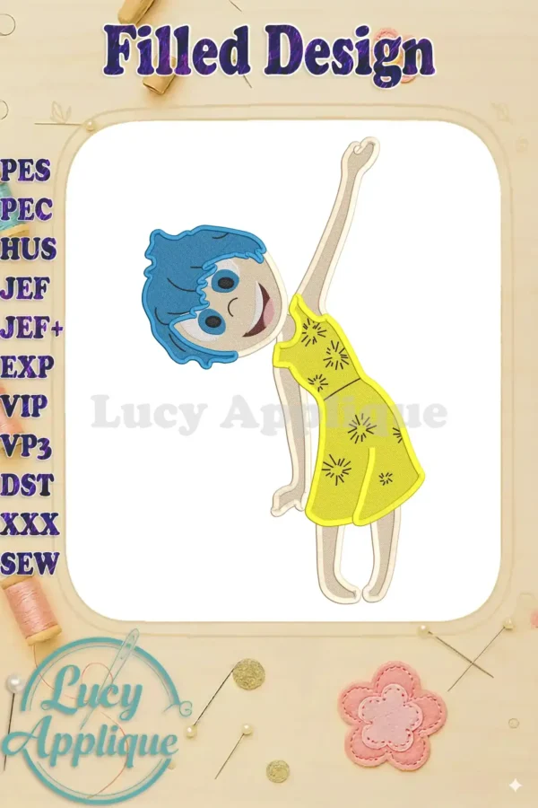 Joy Inside Out filled embroidery design showcasing a happy, stylized character with outstretched arm. Perfect for adding a cheerful touch to any project.