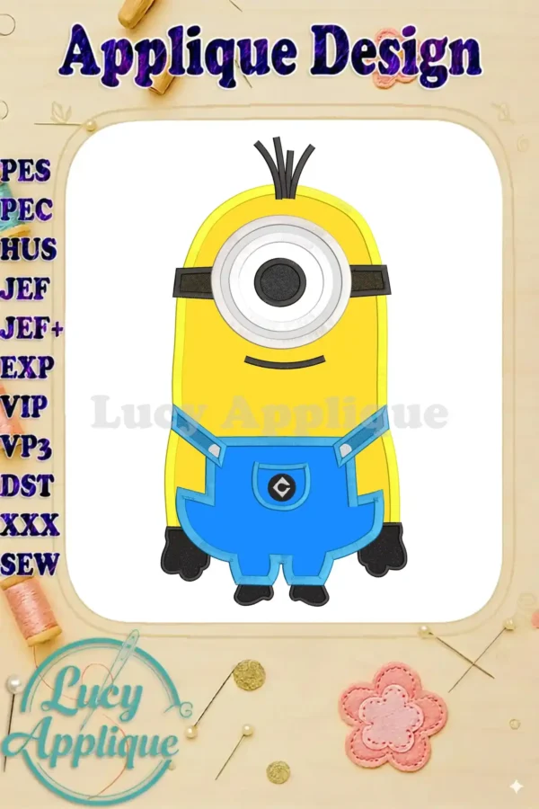 A charming applique embroidery design of Kevin from Despicable Me, ready to be stitched. The design shows Kevin in his signature overalls.