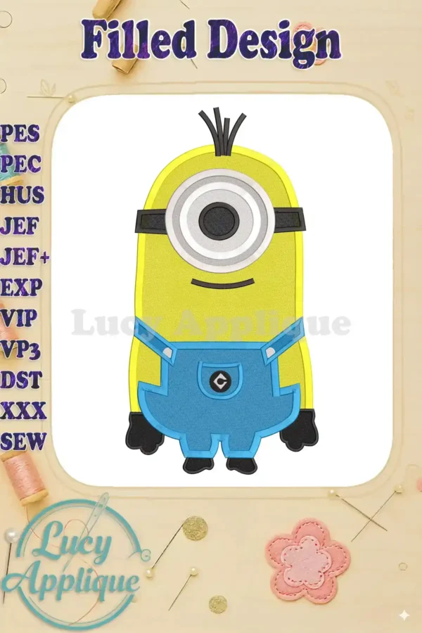 Embroidery design of Kevin from Despicable Me, a filled stitch design, shown in yellow and blue overalls. The design is presented on a cream background.