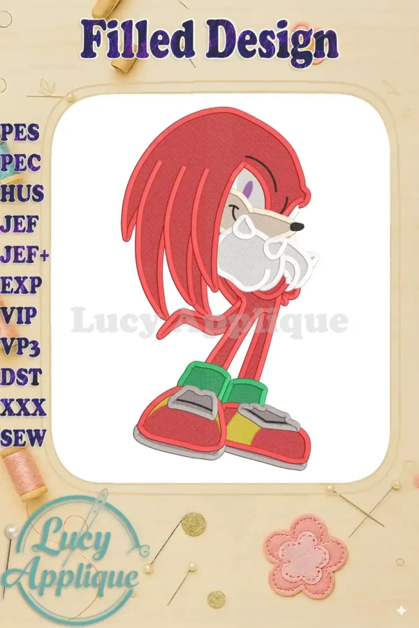 Embroidery design of Knuckles the Echidna from Sonic Boom, showcasing a filled stitch style. The design is vibrant and detailed, perfect for adding to clothing, bags, or home decor.