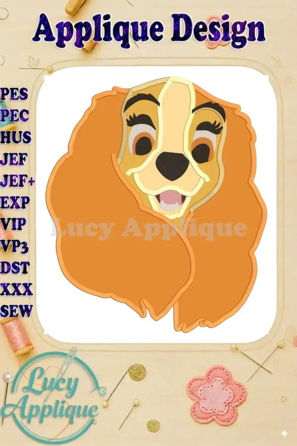 A charming applique design of Lady from Disney's Lady and the Tramp. The image showcases the finished design, ready to be stitched onto a project.