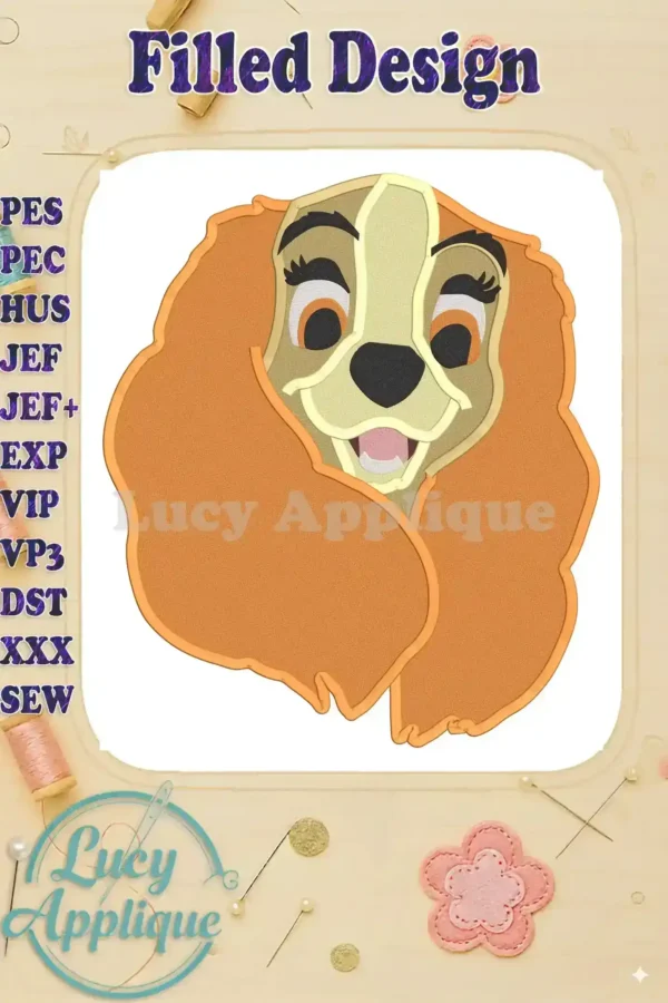 A charming filled embroidery design of Lady from Disney's Lady and the Tramp. The design shows Lady's face and upper body, featuring detailed facial features and fur texture.