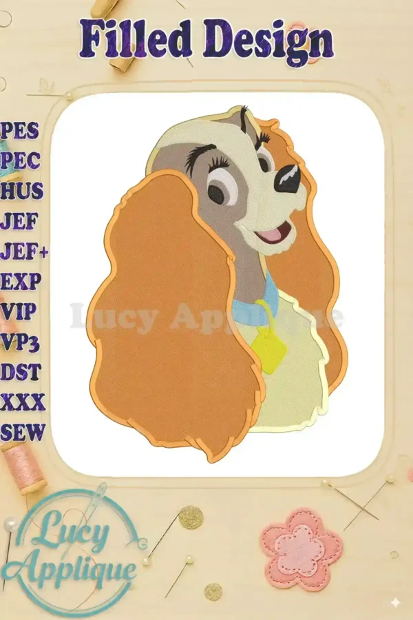 A charming filled embroidery design of Lady from Disney's Lady and the Tramp, showcasing her sweet expression and detailed fur. Perfect for adding a touch of Disney magic to your projects.