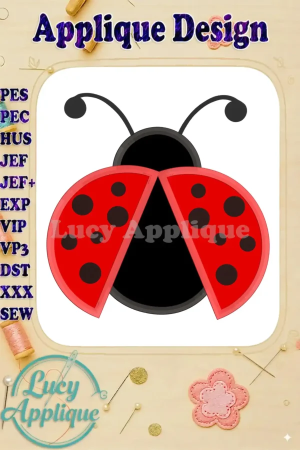 A charming ladybug applique embroidery design with red and black wings, shown in a digital preview, ready to be stitched. Includes various machine embroidery file formats.