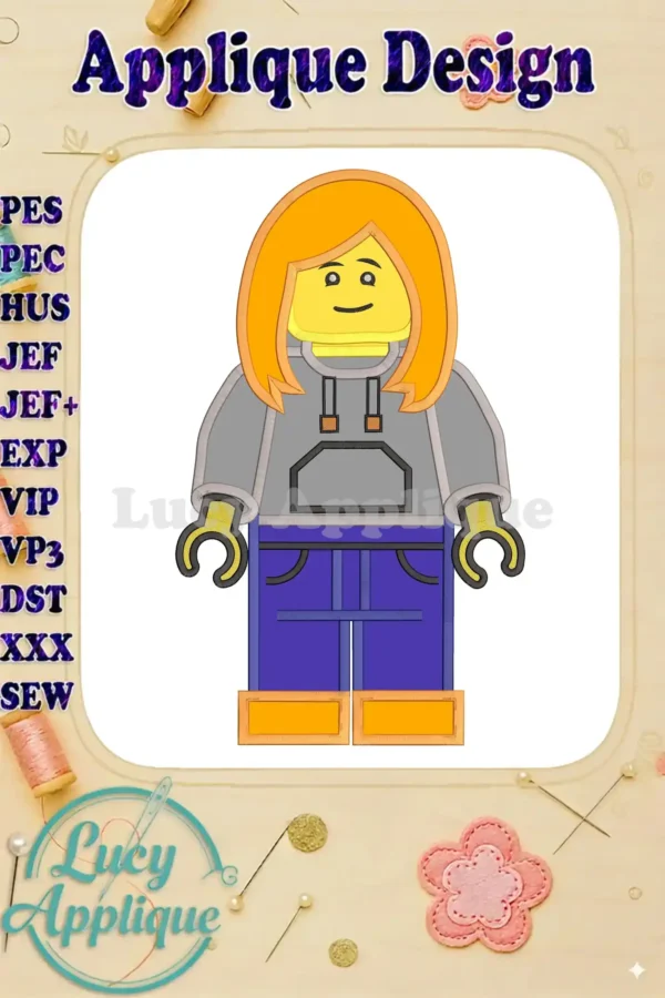 A charming Lego girl applique embroidery design in various formats (PES, PEC, HUS, JEF, JEF