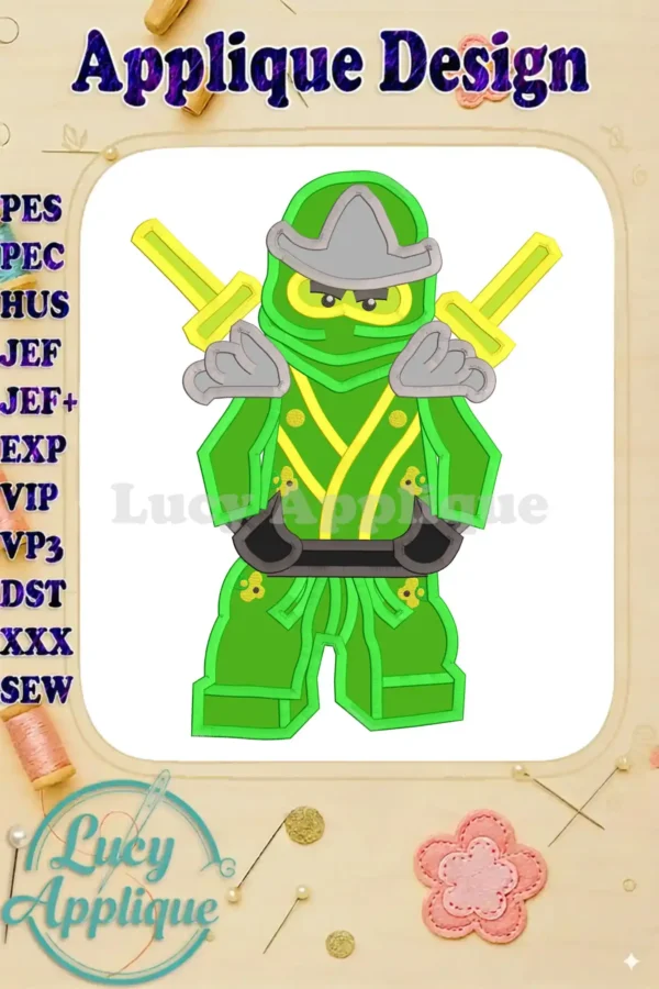 Lego Ninja Applique Embroidery Design: A charming green Lego ninja with swords, ready to be stitched. Perfect for adding a playful touch to any project.