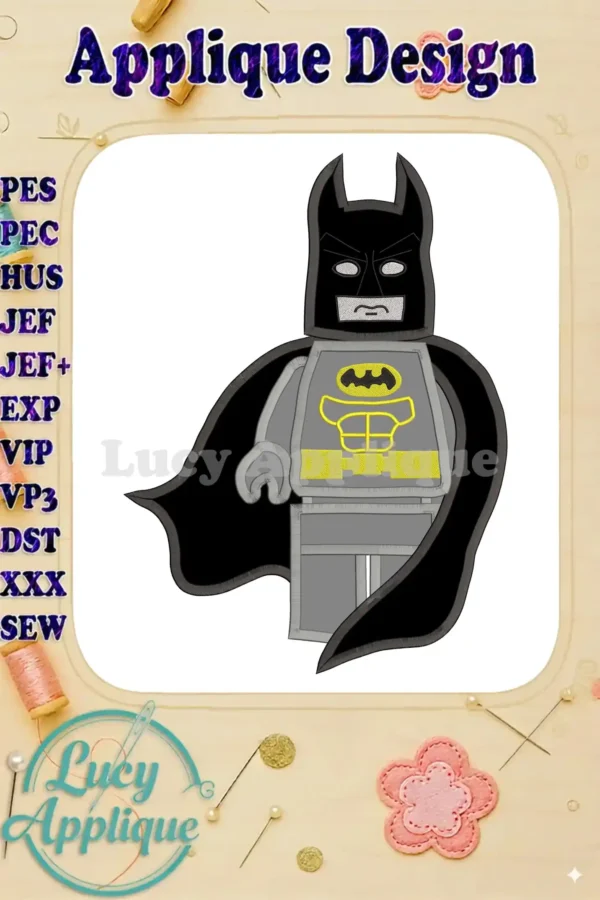 Lego Batman applique embroidery design. Shows the finished embroidered Batman in Lego style. Includes detailed instructions and various file formats.