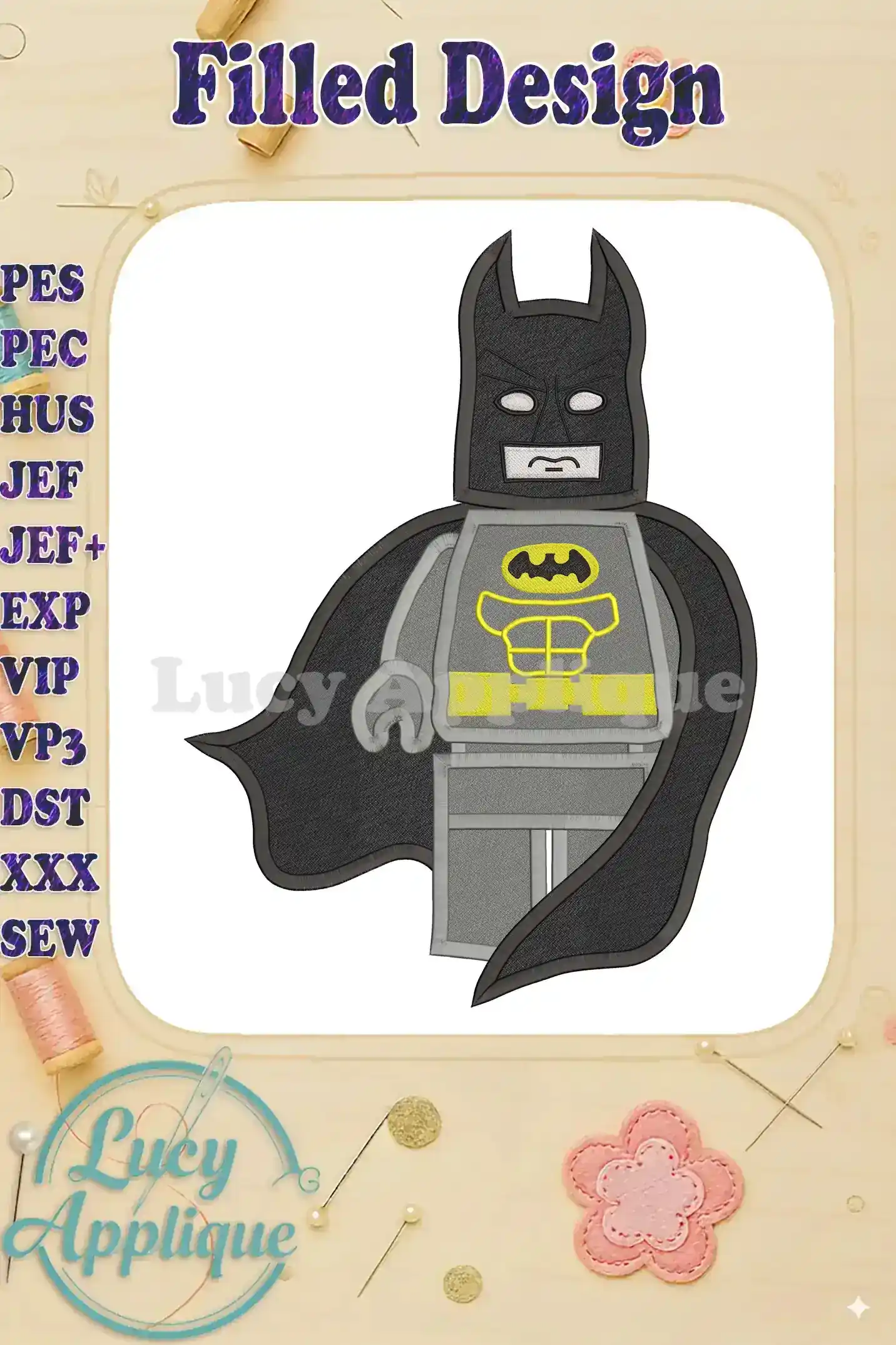 Main image showcasing a filled machine embroidery design of LEGO Batman, featuring detailed stitching and vibrant colors. Perfect for adding a superhero touch to your projects.