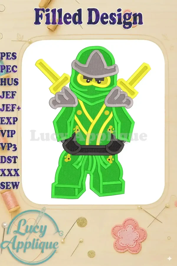 A vibrant image showcasing a Lego ninja character embroidery design, ready to be stitched. The design is detailed with bright green and yellow accents.