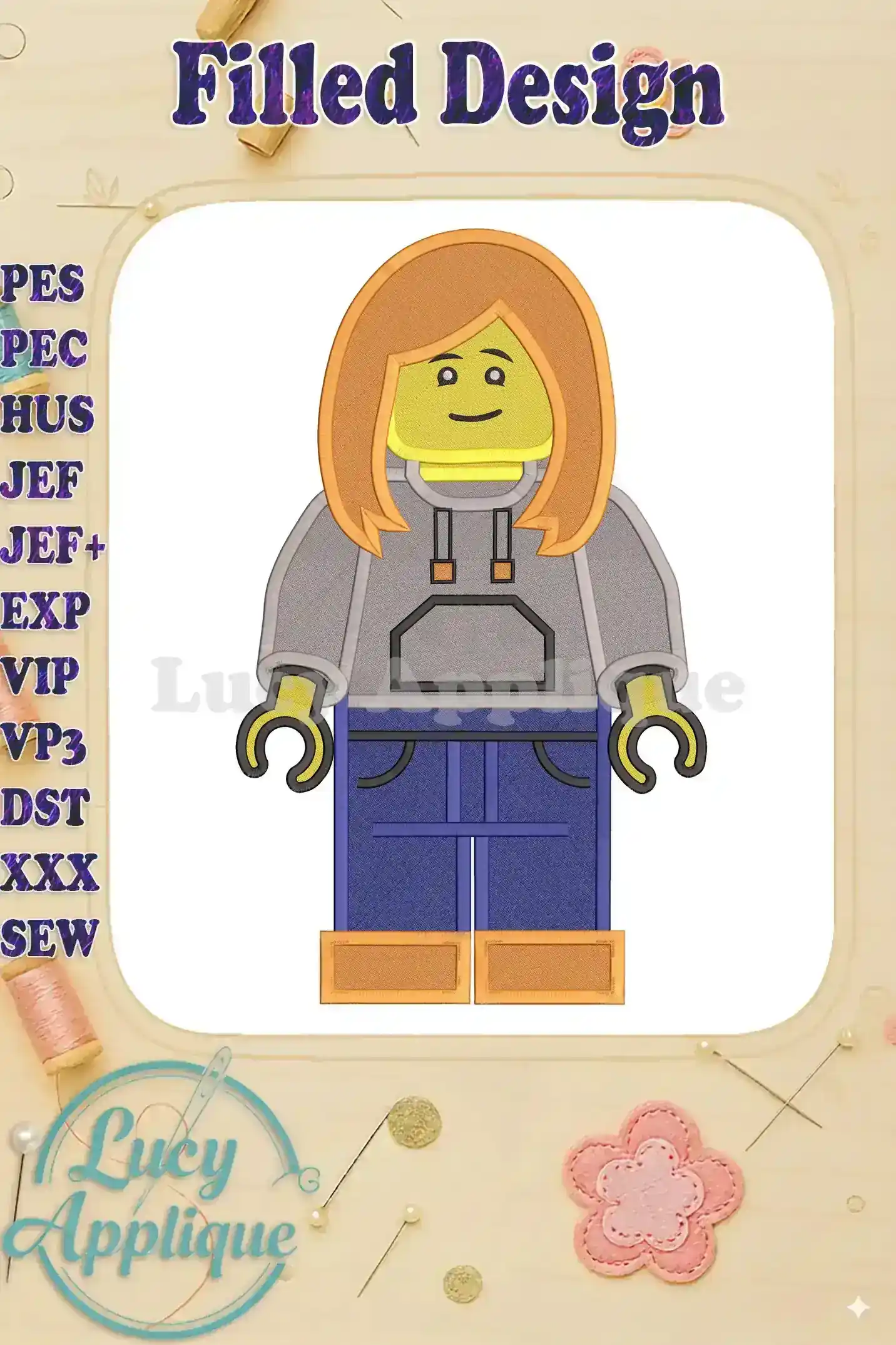 Embroidery design of a Lego person with blonde hair, gray top, and blue jeans. The design is presented on a white background with a decorative border.