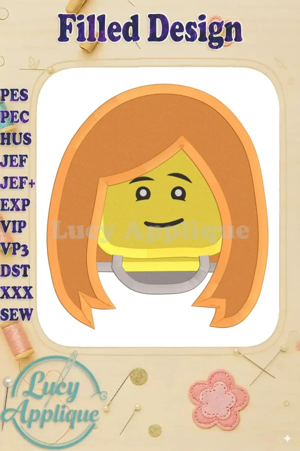 Embroidery design of a Lego head with orange hair, using filled stitch. The design is presented on a light background with text indicating file formats.