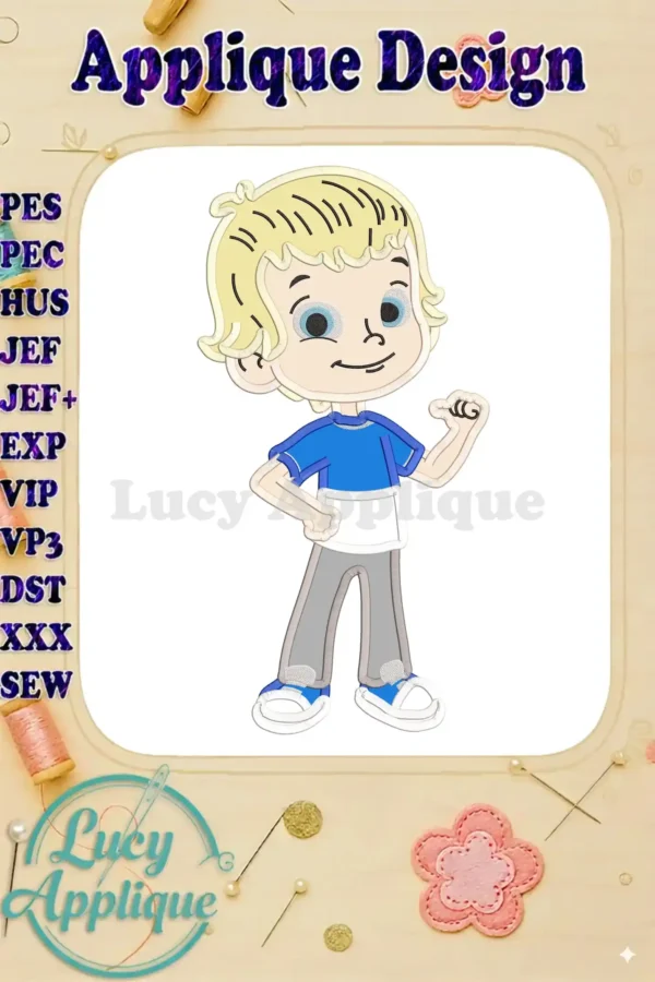 Liam McCloud from Rusty Rivets, a cheerful applique design in blue and gray, ready to be stitched. Multiple file formats are supported.