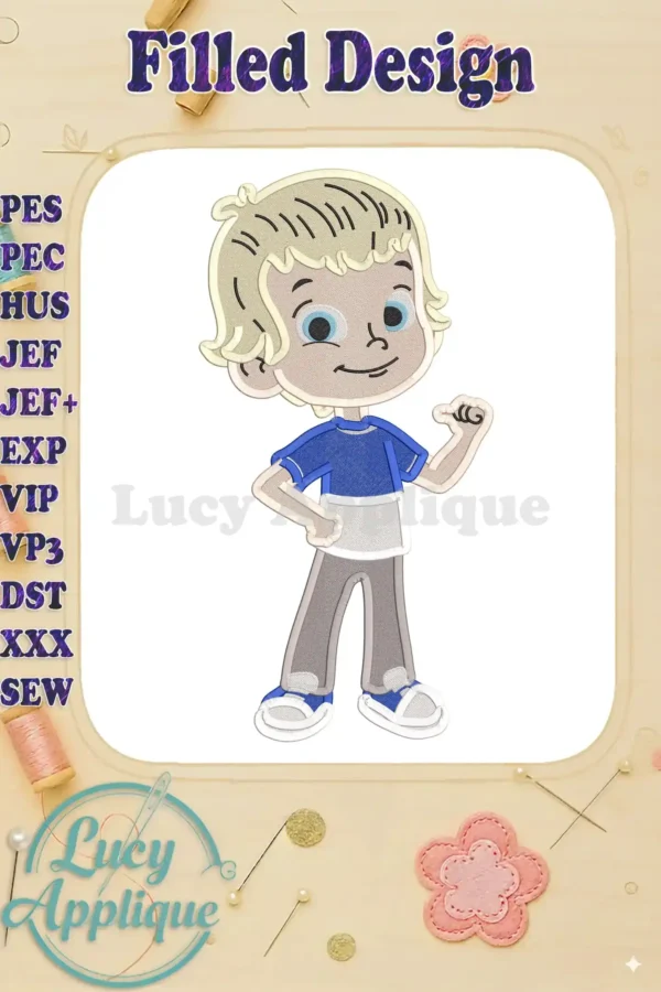 Embroidery design of Liam McCloud from Rusty Rivets. A filled design showcasing bright colors and detailed features using various stitches. Perfect for kids' clothing or accessories.