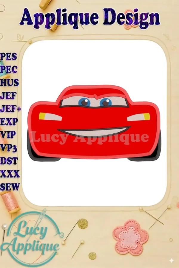 Lightning McQueen applique embroidery design, showcasing a cheerful red car face. Includes various file formats for different embroidery machines.