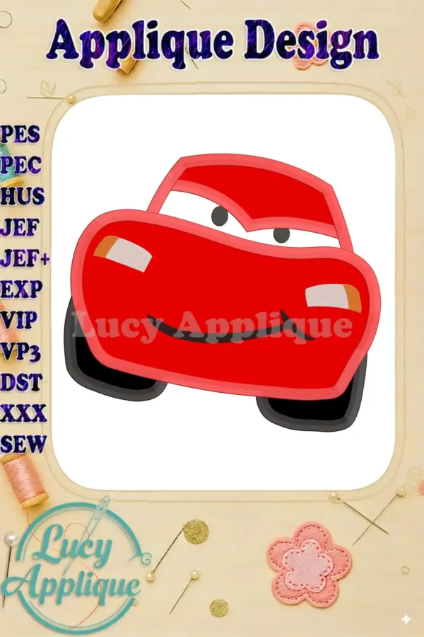 Lightning McQueen applique embroidery design in red, showcasing the finished embroidered image. Includes design details and file formats.