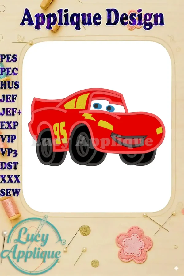 Lightning McQueen applique embroidery design showcasing a charming cartoon car with number 95, ready to be stitched onto various fabrics. Perfect for kids' projects!