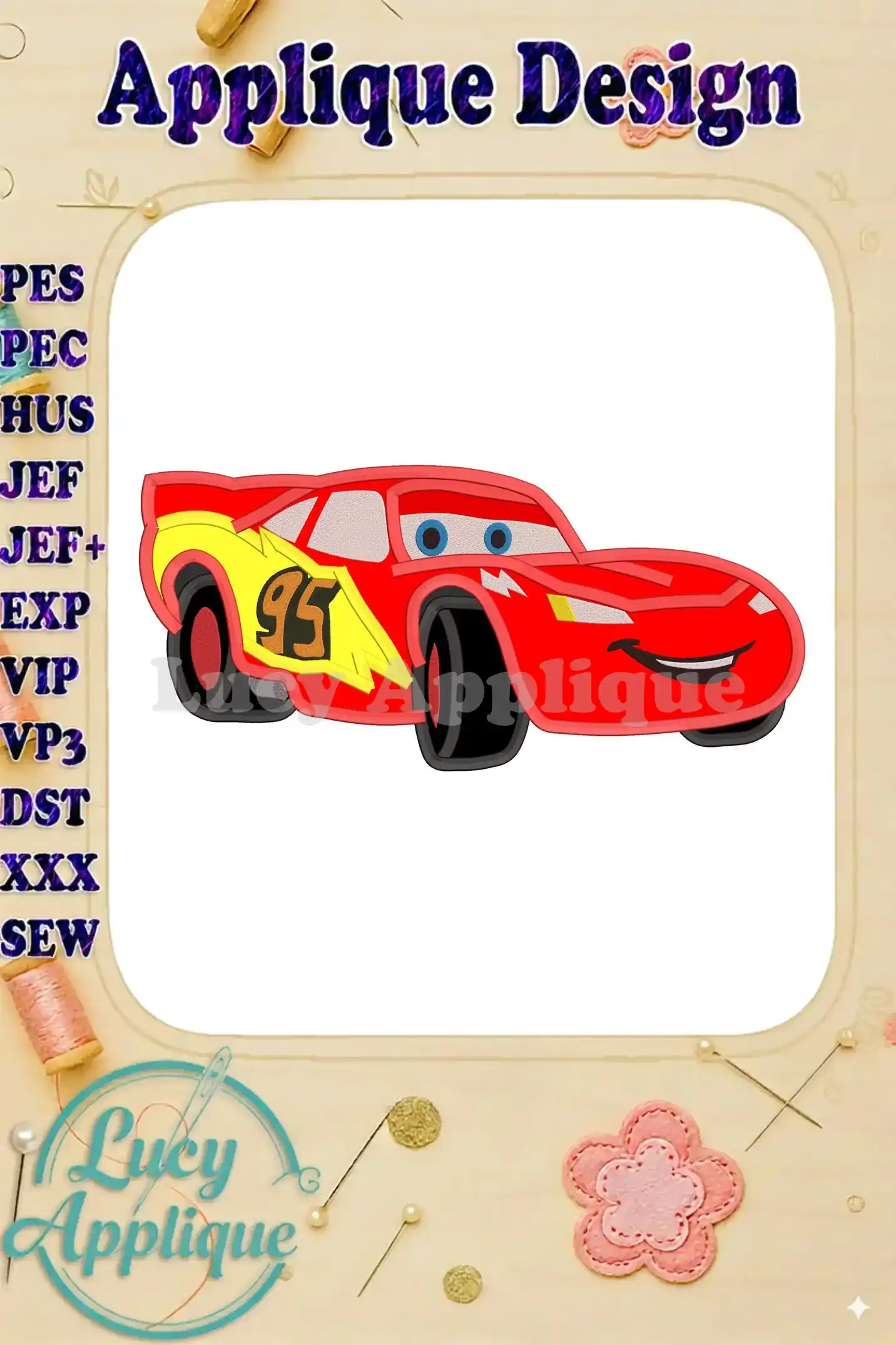 Lightning McQueen applique embroidery design showcasing the main design with detailed stitching and vibrant colors. Perfect for adding to clothing, bags, or home decor.