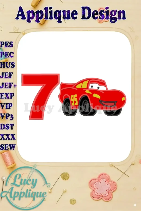 Embroidery design featuring Lightning McQueen from Cars, a number 7, and other applique elements. This is a detailed close-up showcasing the design's intricate details.