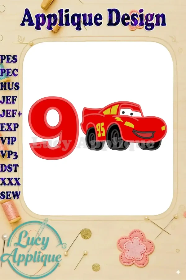 A vibrant applique design featuring Lightning McQueen from Disney's Cars, celebrating a 9th birthday. The design includes the number 9 and the iconic race car.