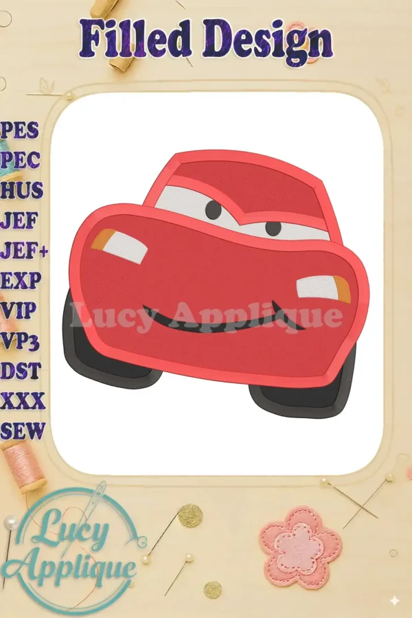 Embroidery design of Lightning McQueen from Cars, a filled design with red and white details, ready to stitch. Perfect for adding a fun, vibrant touch to any project.