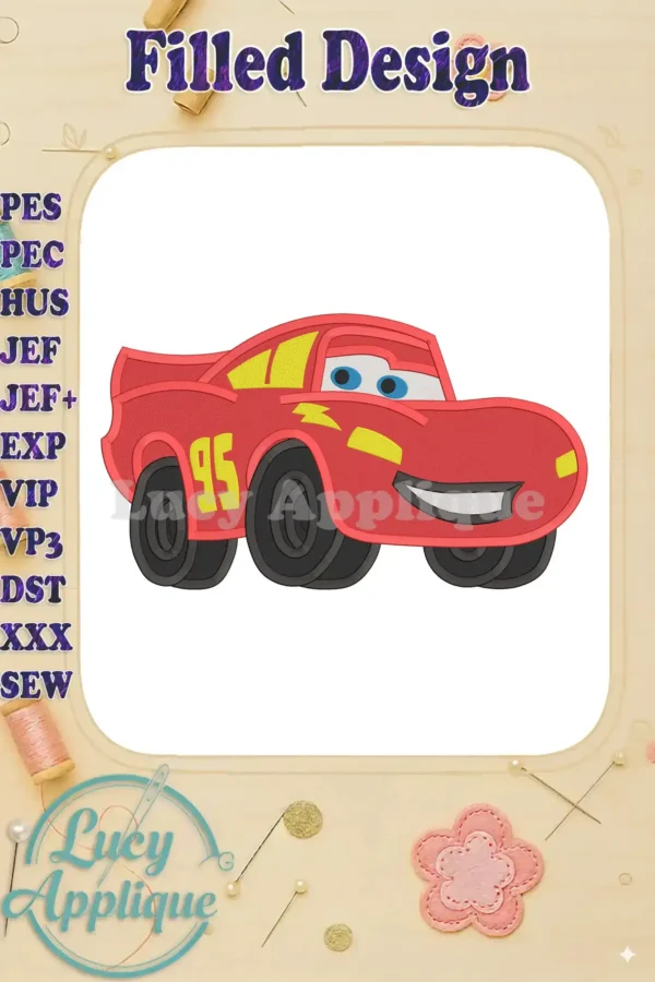 A vibrant Lightning McQueen embroidery design, showcasing the character in his iconic red race car. Perfect for adding a playful touch to any project. High-quality design, easy to stitch.