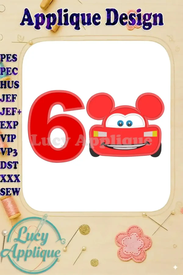 Embroidery design featuring Lightning McQueen with Mickey Mouse ears, forming the number 6. A colorful applique perfect for a birthday celebration!