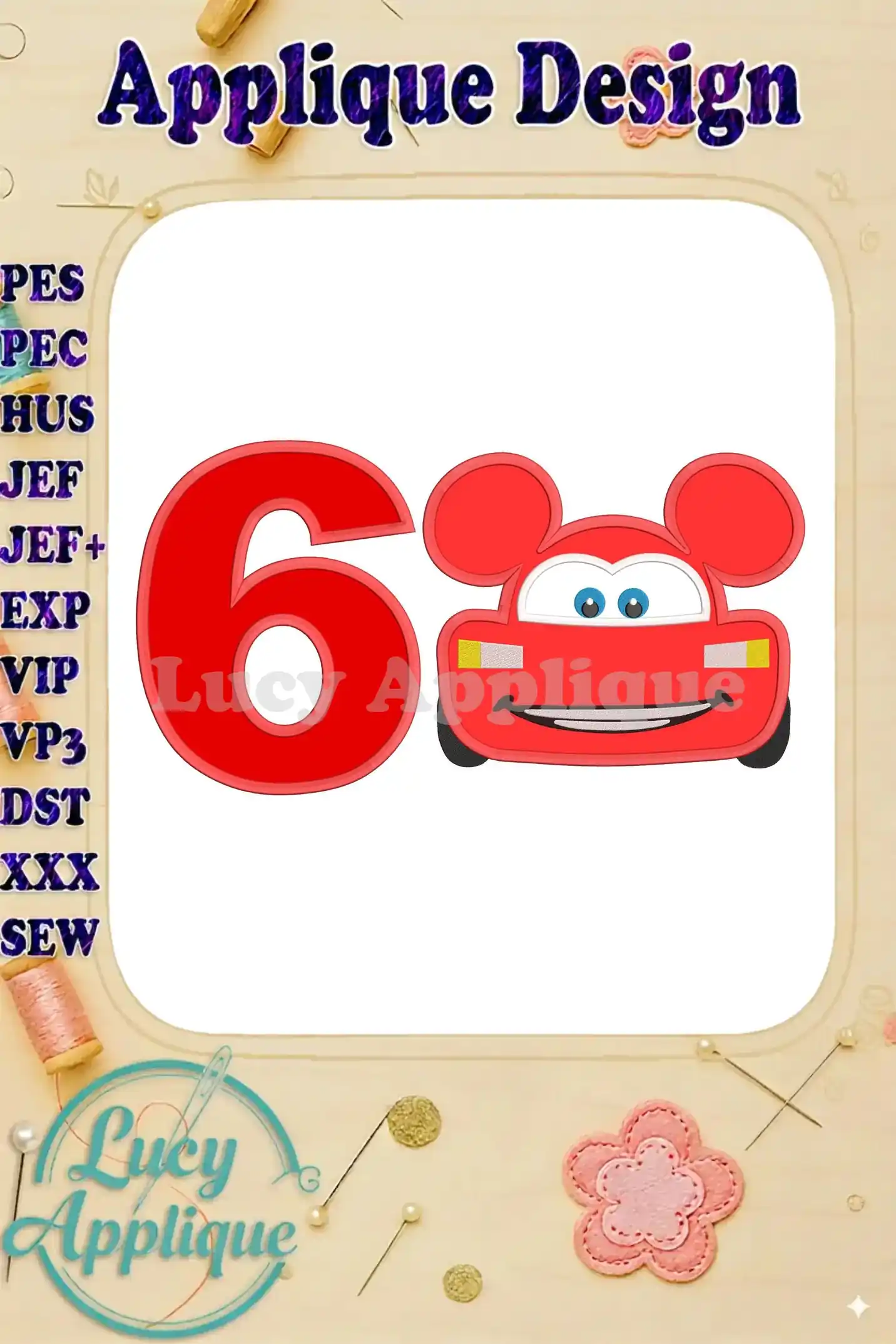Embroidery design featuring Lightning McQueen with Mickey Mouse ears, forming the number 6. A colorful applique perfect for a birthday celebration!
