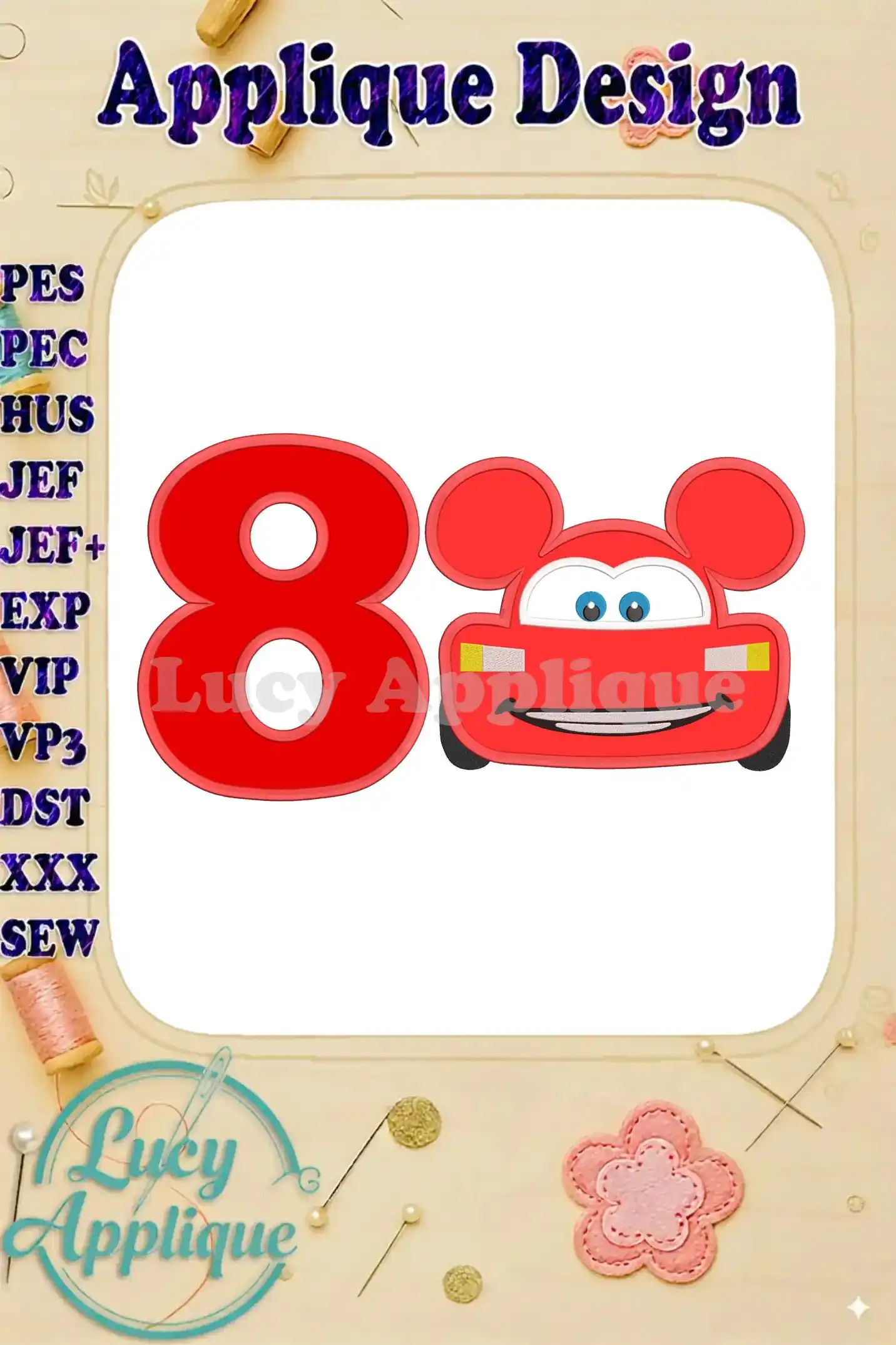 Embroidery design featuring Lightning McQueen with Mickey Mouse ears, forming the number 8. This applique is perfect for an 8th birthday celebration, adding a personalized touch to clothing or other fabric items.