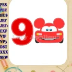 Lightning Mcqueen Ears Mickey Mouse Birthday Number 9 Applique Design - Instant Download