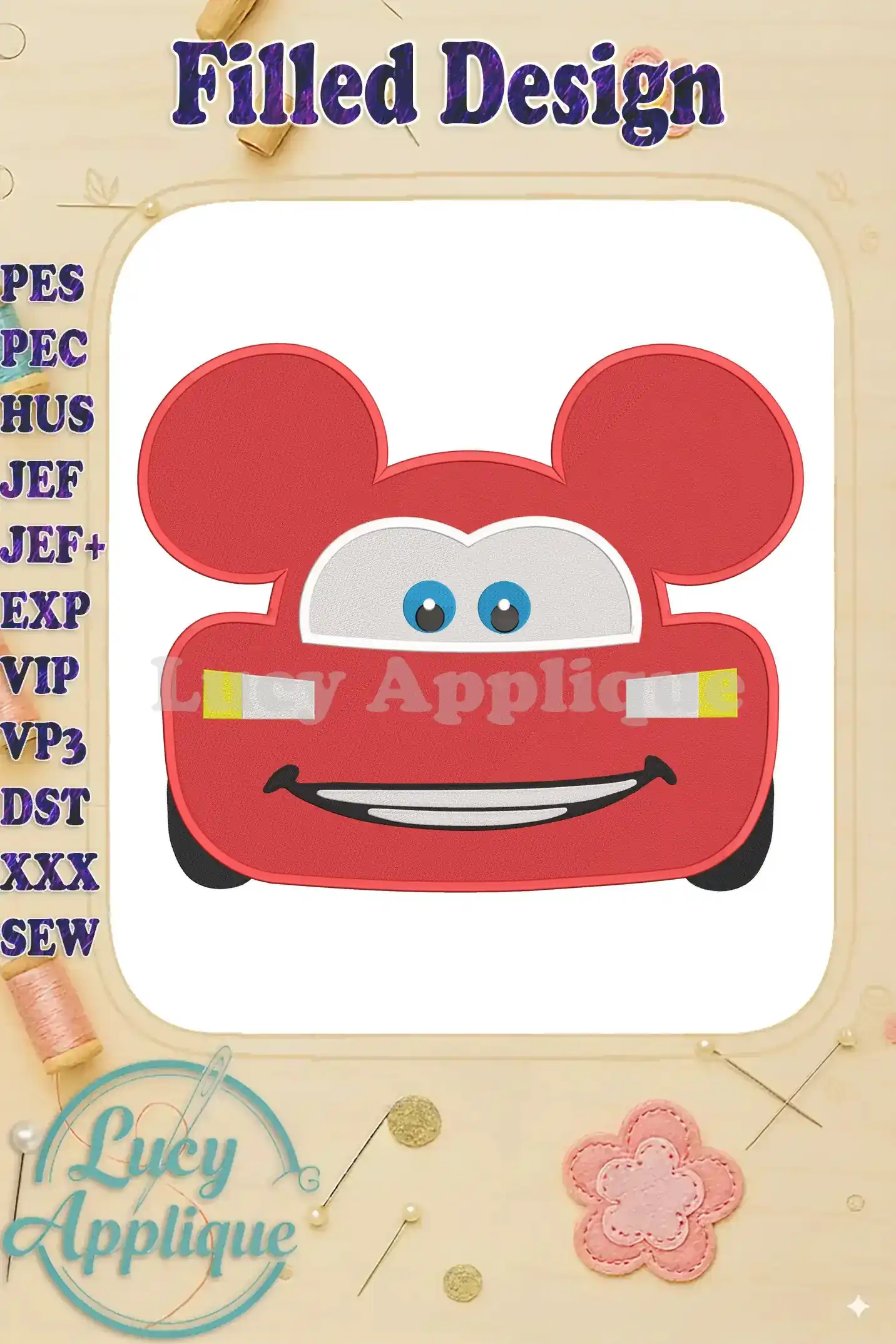 Embroidery design of Lightning McQueen with Mickey Mouse ears, showcasing a filled stitch style. The design is presented on a white background, perfect for various crafting projects.