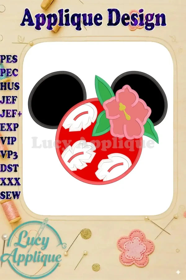 Main image showcasing a charming Lilo and Stitch applique embroidery design featuring Lilo Pelekai's ears adorned with a hibiscus flower. Perfect for Disney fans!