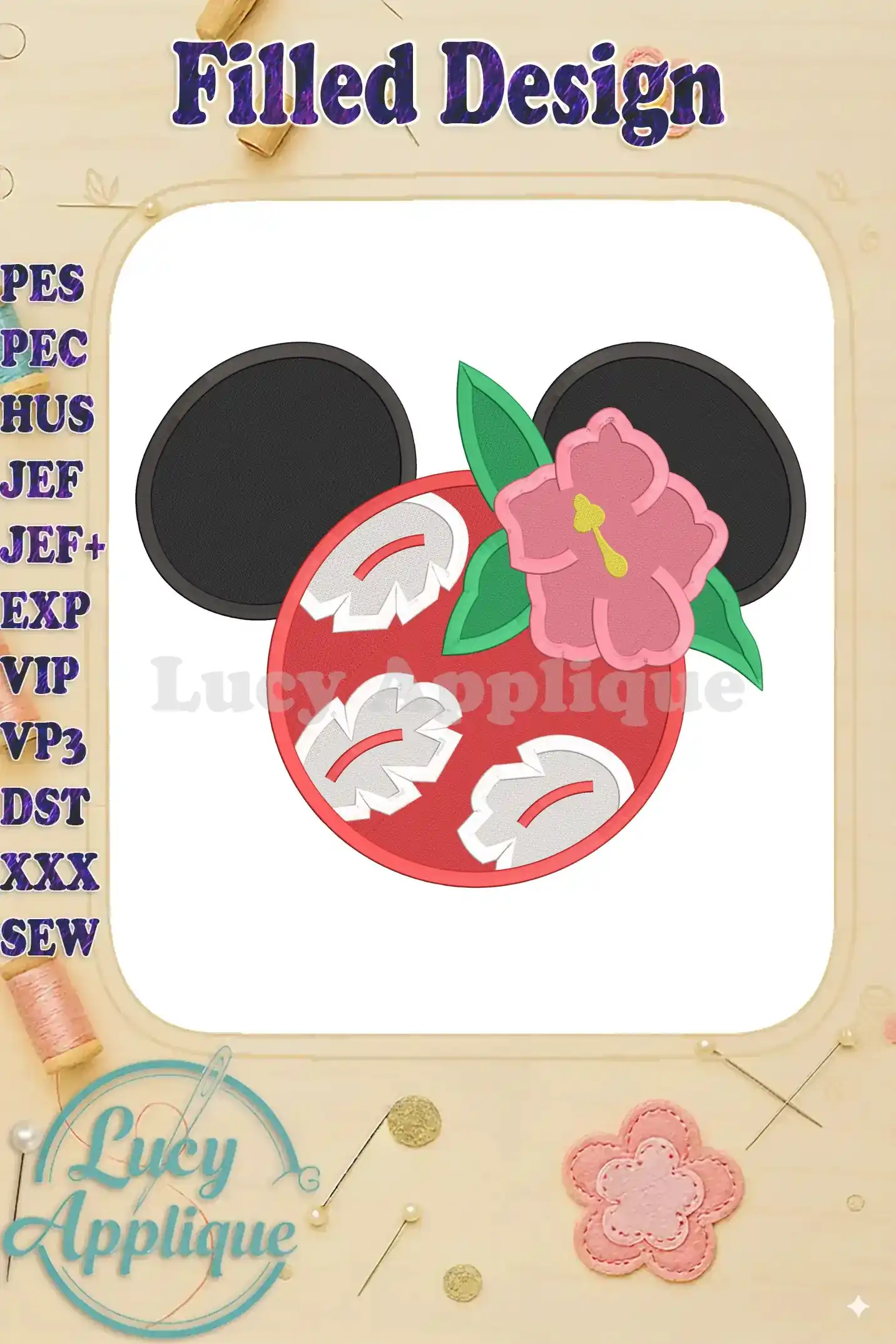 Embroidery design of Lilo and Stitch's Mickey ears with a hibiscus flower. Filled stitch style, vibrant colors, and a playful design. Perfect for adding a unique touch to any project.