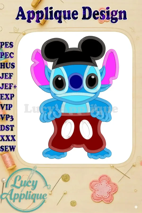 Embroidery design of Stitch from Lilo & Stitch, wearing Mickey Mouse ears and shorts. Applique style, colorful and cute.