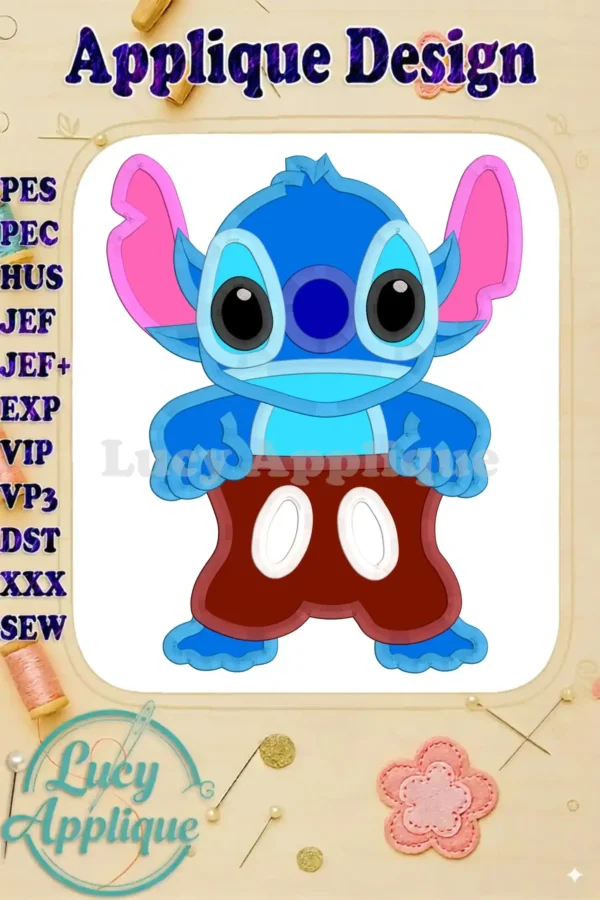Embroidery design of Stitch from Lilo & Stitch, wearing brown shorts, in an applique style. The design is presented on a white background with various file formats listed.