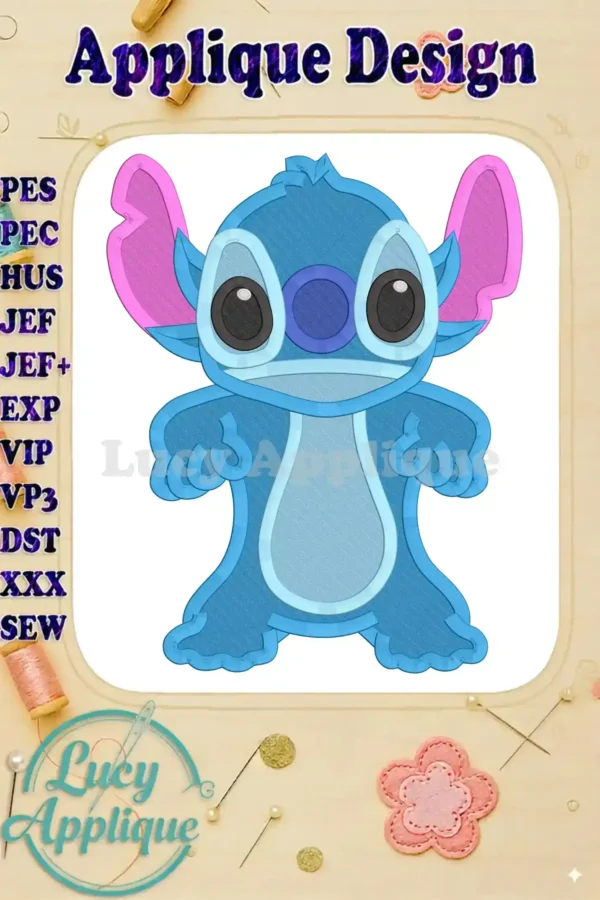Adorable applique design of Stitch from Lilo & Stitch. The design is in blue and pink, with a cute cartoon style. Perfect for embroidery projects.