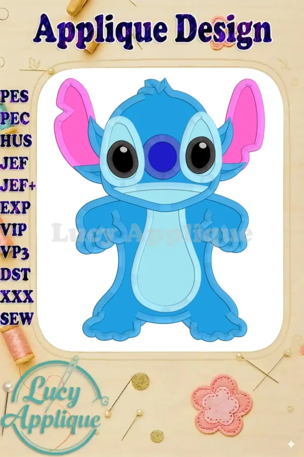 Main image showcasing a charming Lilo & Stitch applique embroidery design, ready to be stitched. The design is presented on a white background with various format options listed.
